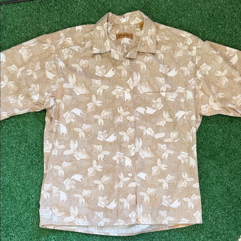 Vintage 80s 90s Ruff Hewn Tan & White GoldFish Koi Art Pattern Button Up Shirt - Picture 8 of 16